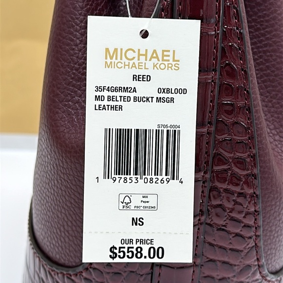 MICHAEL KORS  Reed Medium Pebbled Leather Bucket Bag Satchel Crossbody Oxblood - Picture 8 of 15